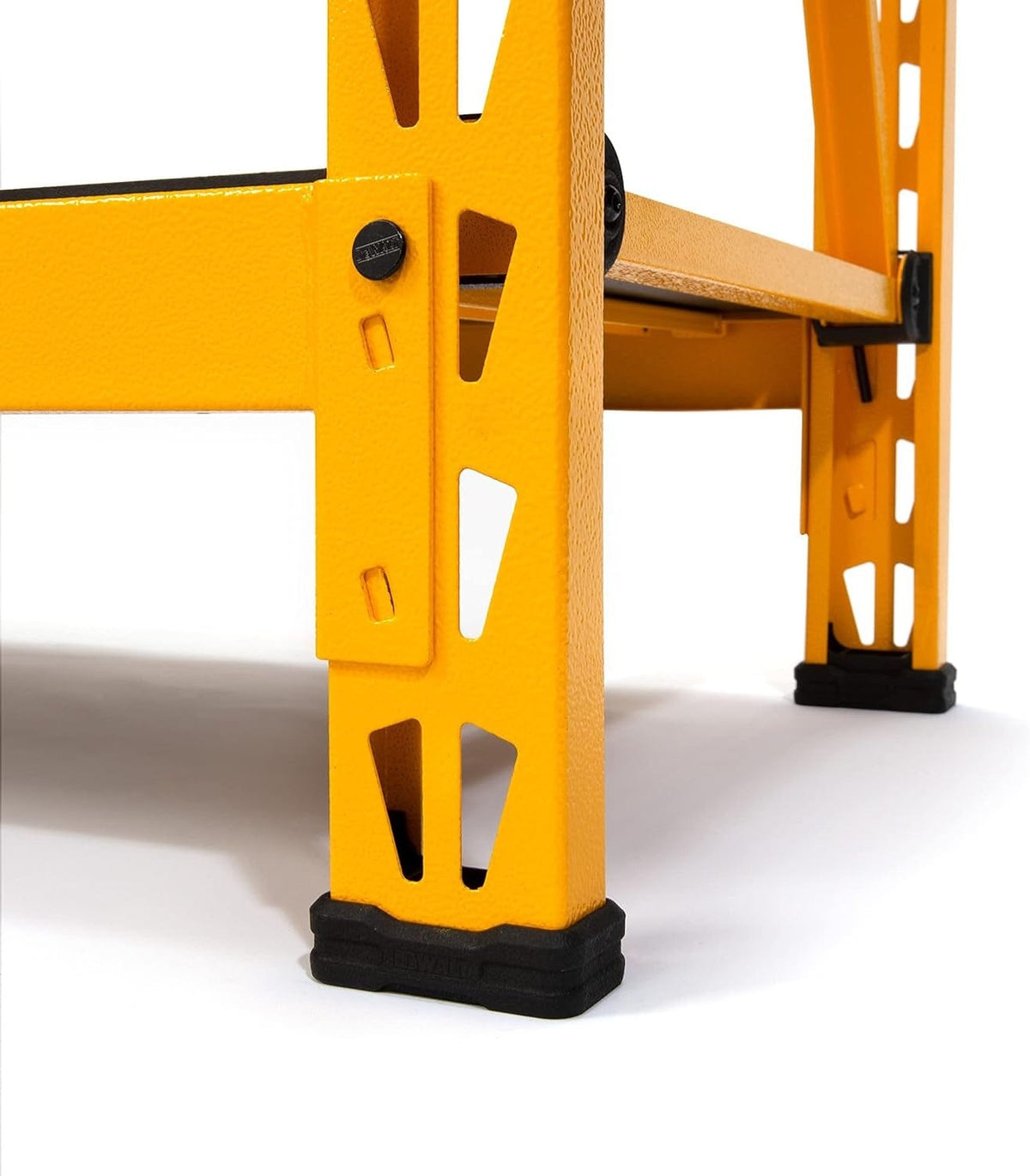 Close-up of the rack's base showing the yellow powder-coated steel upright and the black glass-filled nylon foot pad.