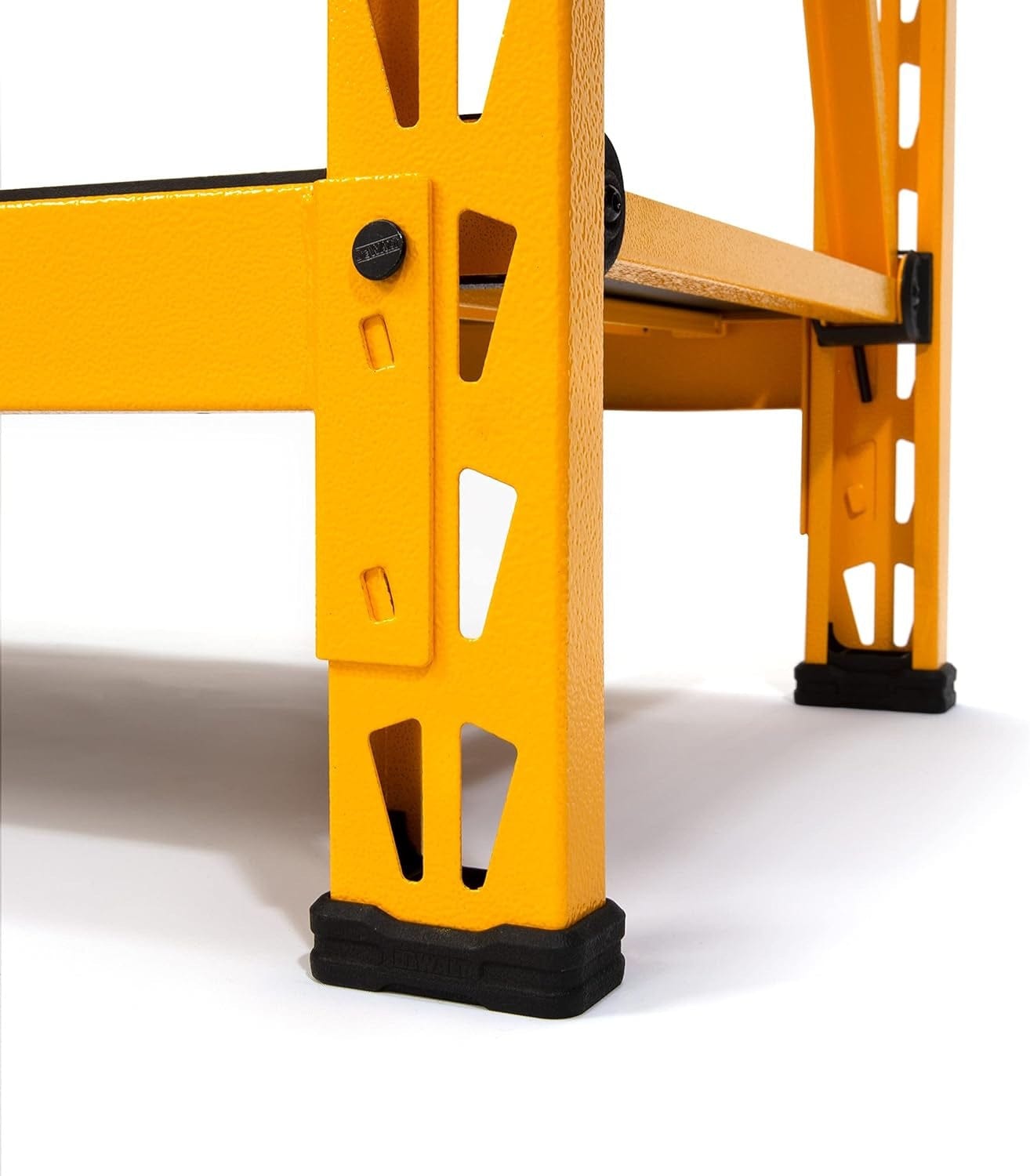 Close-up of the rack's base showing the yellow powder-coated steel upright and the black glass-filled nylon foot pad.
