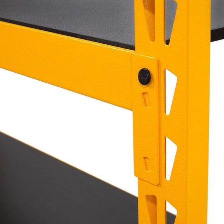 Close-up detail of the steel upright frame showing the crossbeam connection point and the adjustable slot design for shelf positioning.
