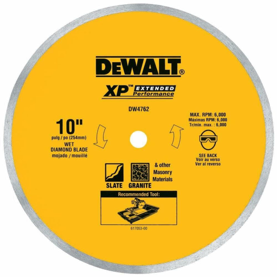 DEWALT 10 Inch Diamond Wet Cutting Blade for Porcelain, Tile, Slate, Granite, Continuous Rim 5/8-Inch Arbor
