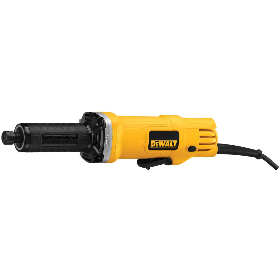 Side perspective view of the yellow and black DEWALT DWE4887N corded electric die grinder showcasing the textured black handle nose piece, silver metal collar, and ergonomic motor body design against a white backdrop