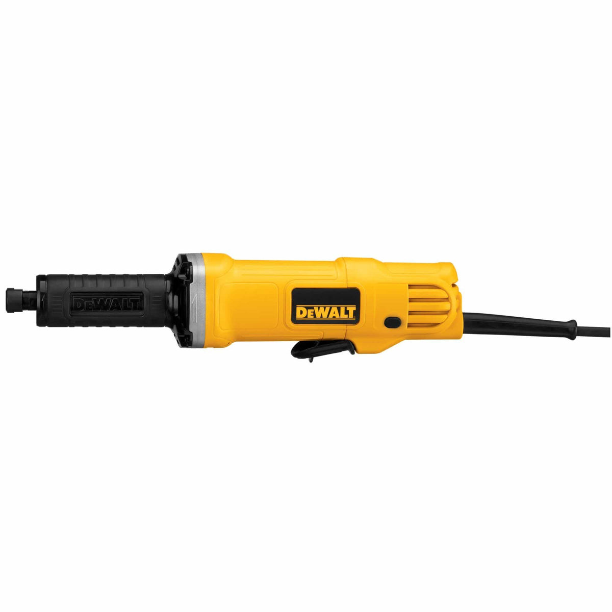 Full side profile view of the DEWALT DWE4887N industrial die grinder highlighting the inline body configuration, black paddle switch, and rear cord protector against a white background