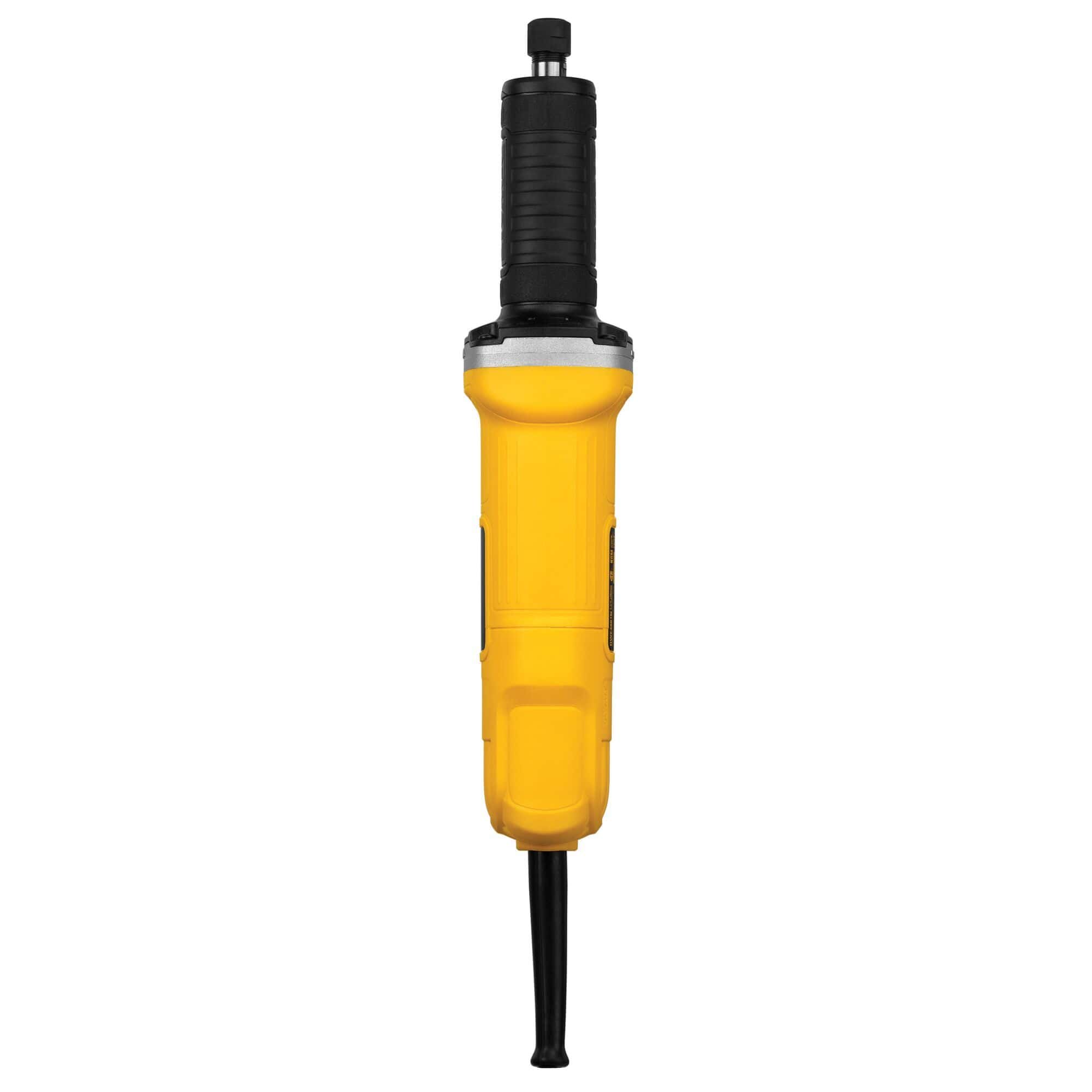 Top-down vertical view of the slim inline body of the yellow DEWALT DWE4887N handheld die grinder illustrating its balanced symmetrical layout and narrow profile designed for precise handling