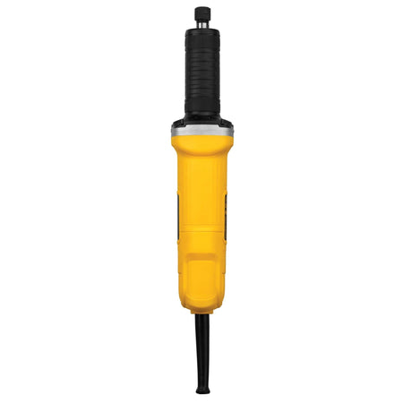 Top-down vertical view of the slim inline body of the yellow DEWALT DWE4887N handheld die grinder illustrating its balanced symmetrical layout and narrow profile designed for precise handling