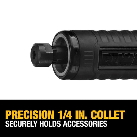 Close-up view of the black front nose piece on the DEWALT DWE4887N with text highlighting the precision 1/4 inch mechanical collet assembly designed to securely clamp carbide rotary burs and accessories