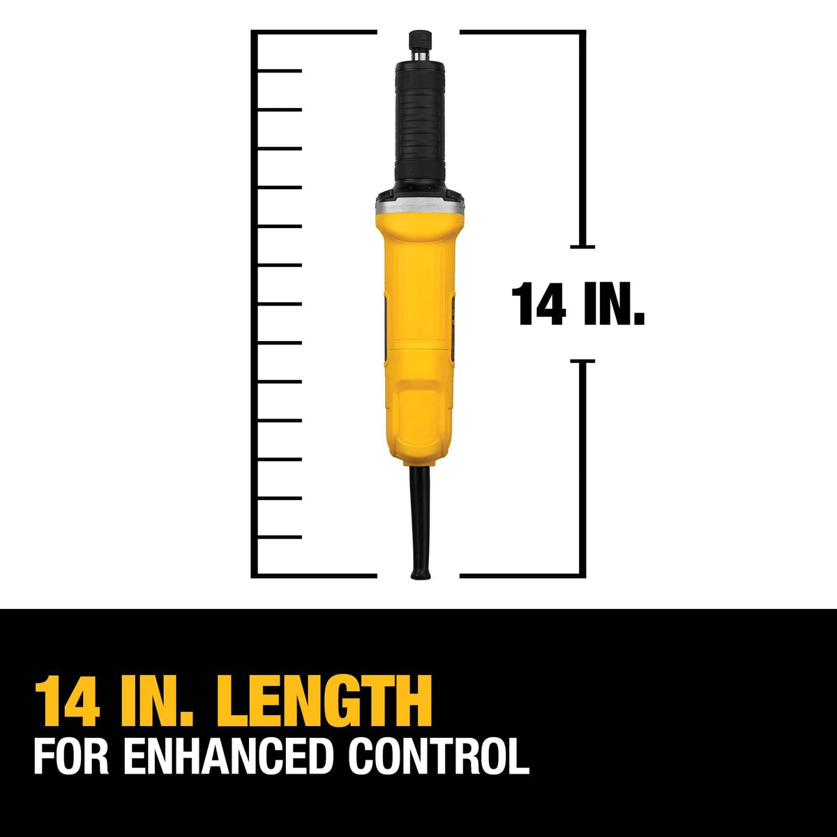 Dimensional illustration of the DEWALT DWE4887N corded die grinder with text indicating its total 14 inch length engineered for enhanced user control and extended reach into deep workpieces