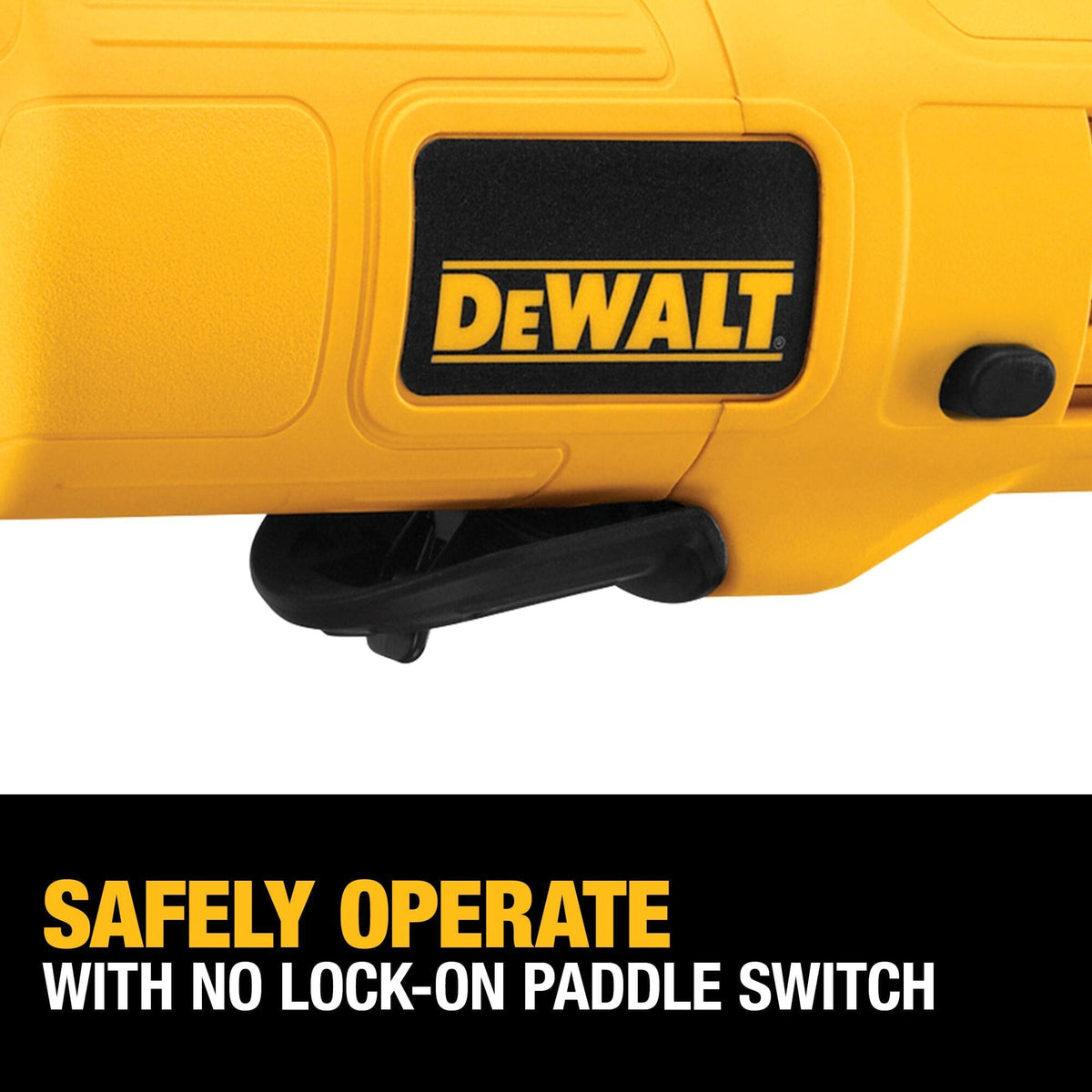 Macro view of the underside grip on the DEWALT DWE4887N with marketing text reading safely operate with no lock-on paddle switch, built to provide immediate shut-off control