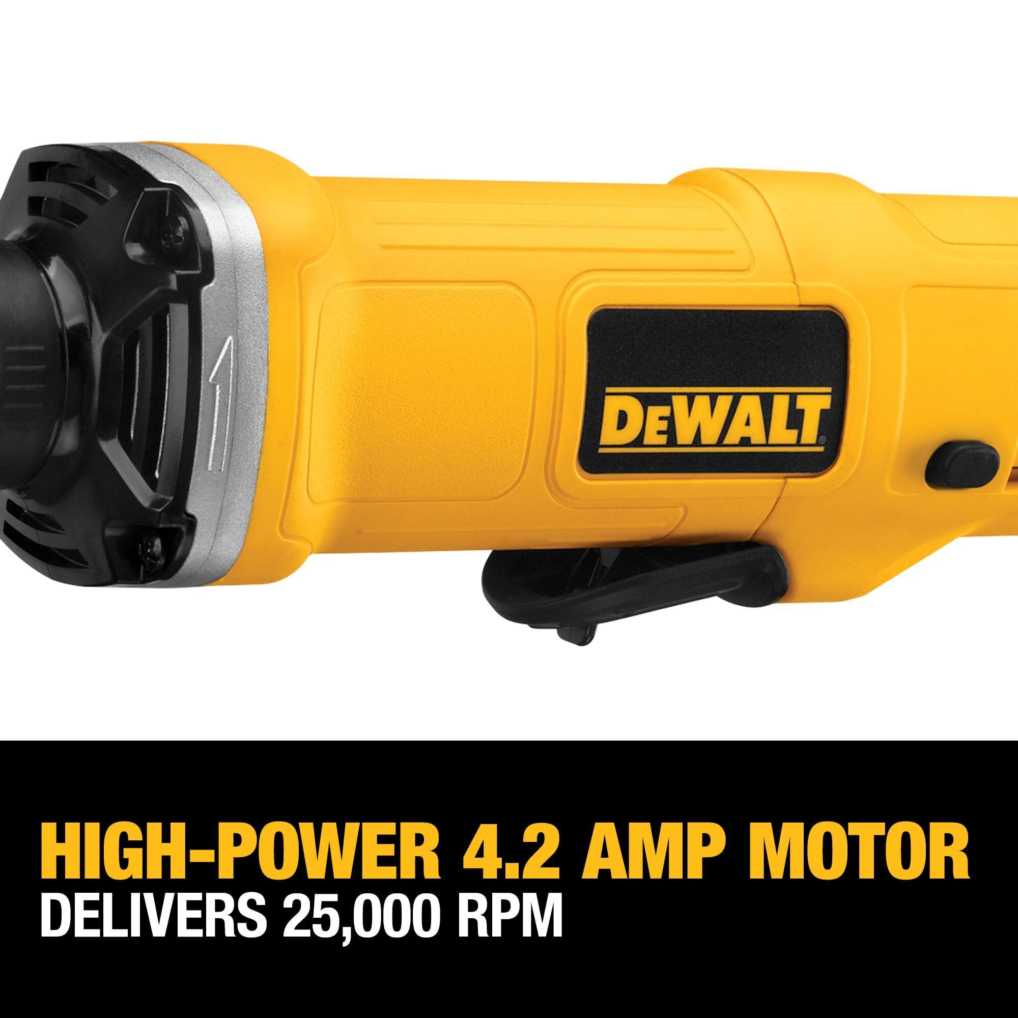 Detailed close-up of the yellow motor body on the DEWALT DWE4887N with text highlighting the high-performance 4.2 amp motor engineered to maintain a high-speed 25,000 RPM output for industrial deburring