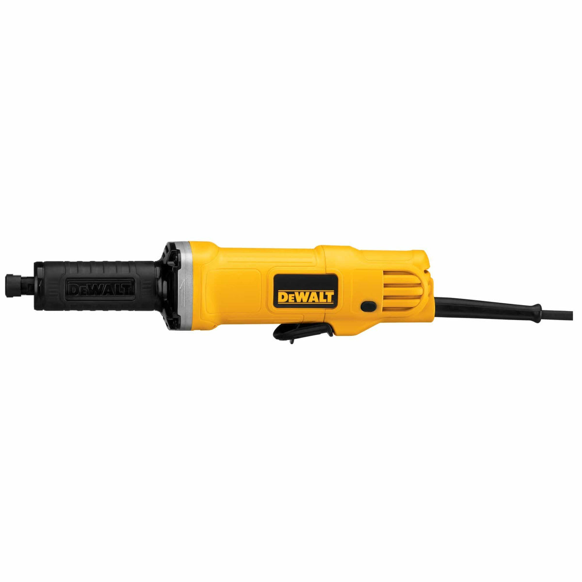 Full side profile view of the DEWALT DWE4887 industrial die grinder showcasing the black paddle switch mechanism located on the underside of its high visibility yellow housing