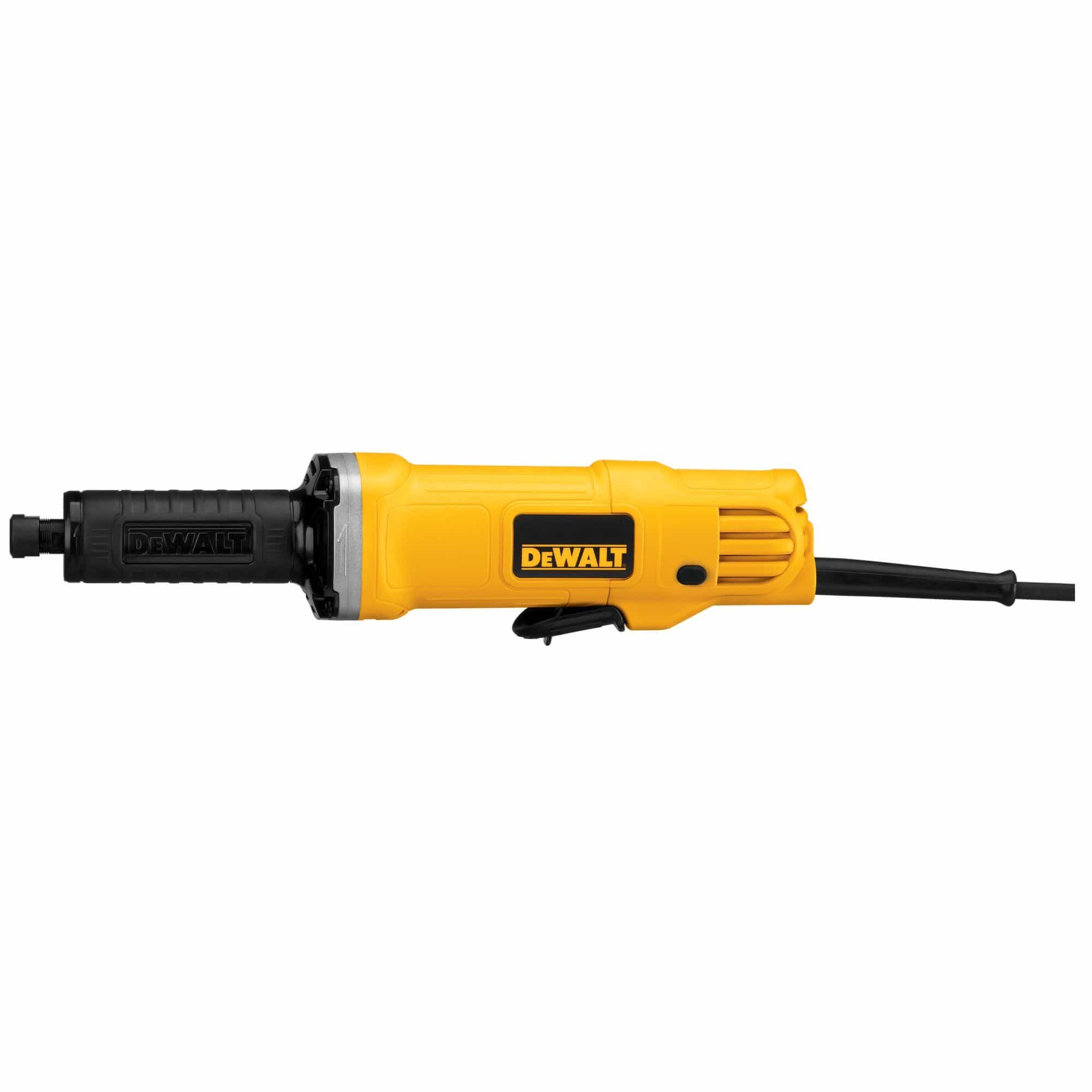Full side profile view of the DEWALT DWE4887 industrial die grinder showcasing the black paddle switch mechanism located on the underside of its high visibility yellow housing