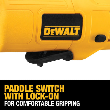 Macro view of the underside grip on the DEWALT DWE4887 emphasizing the responsive paddle switch with lock on button built to provide comfortable gripping during continuous finishing routines