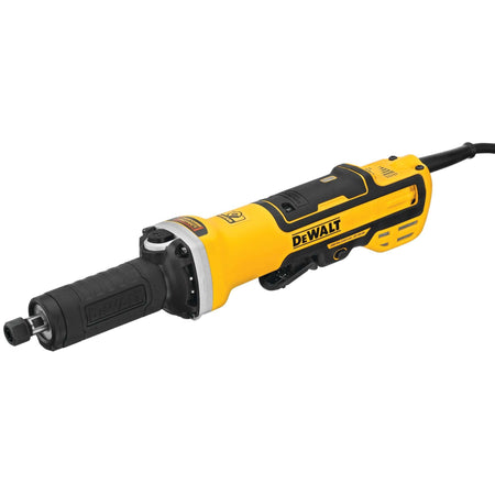 Three-quarter perspective view of the yellow and black DEWALT DWE4997VS corded brushless variable speed die grinder on a solid white background showcasing its elongated body, black nose grip, and paddle switch design