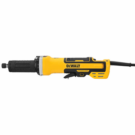 Full side profile view of the DEWALT DWE4997VS industrial corded die grinder illustrating its inline handle geometry, paddle switch lever, mesh intake vents, and yellow housing accents