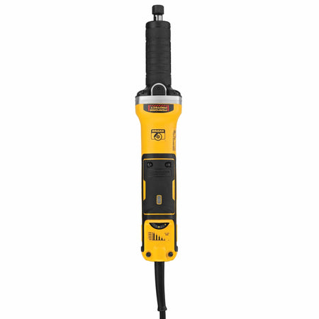 Top-down vertical orientation layout of the DEWALT DWE4997VS brushless die grinder highlighting the perform and protect brake icon, speed chart graphics, and variable speed wheel control adjustment dial