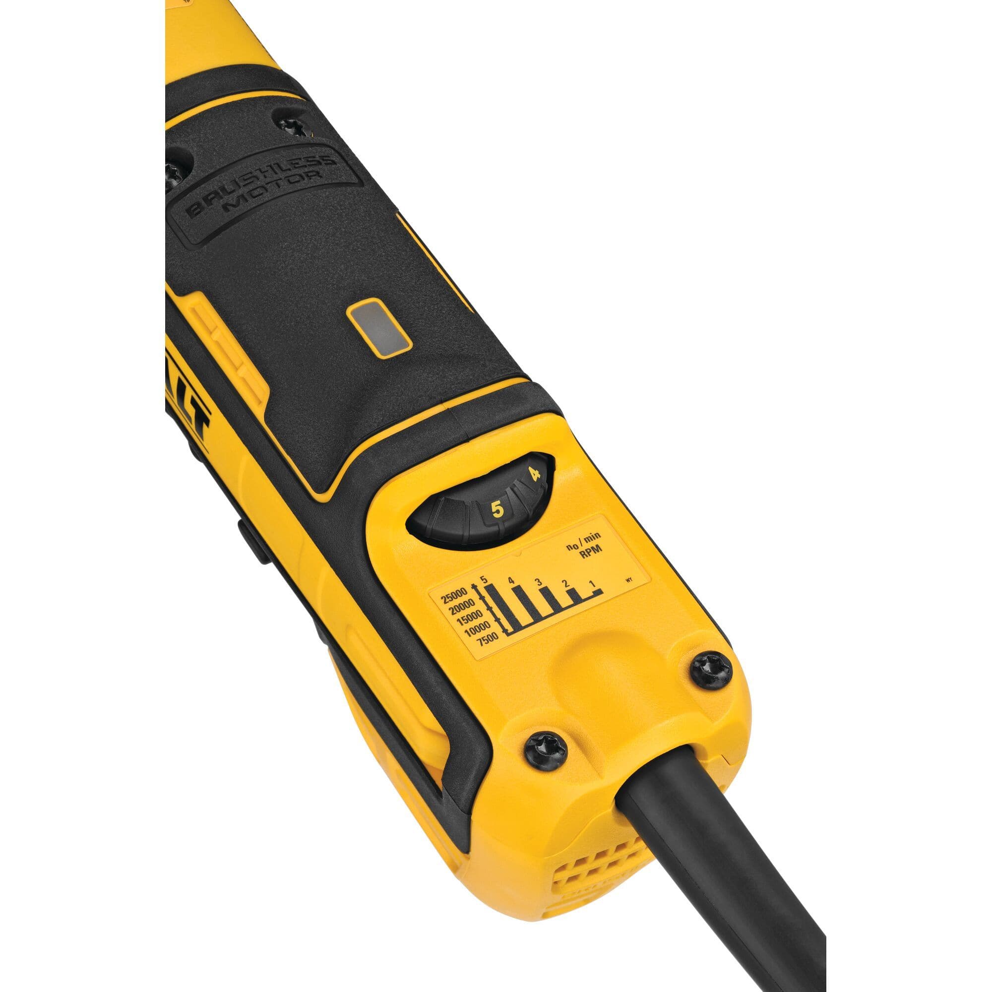 Close-up detailed view of the yellow tail section on the DEWALT DWE4997VS grinder showing the variable speed thumb wheel selector set on five alongside the printed speed range index from 7,500 to 25,000 RPM