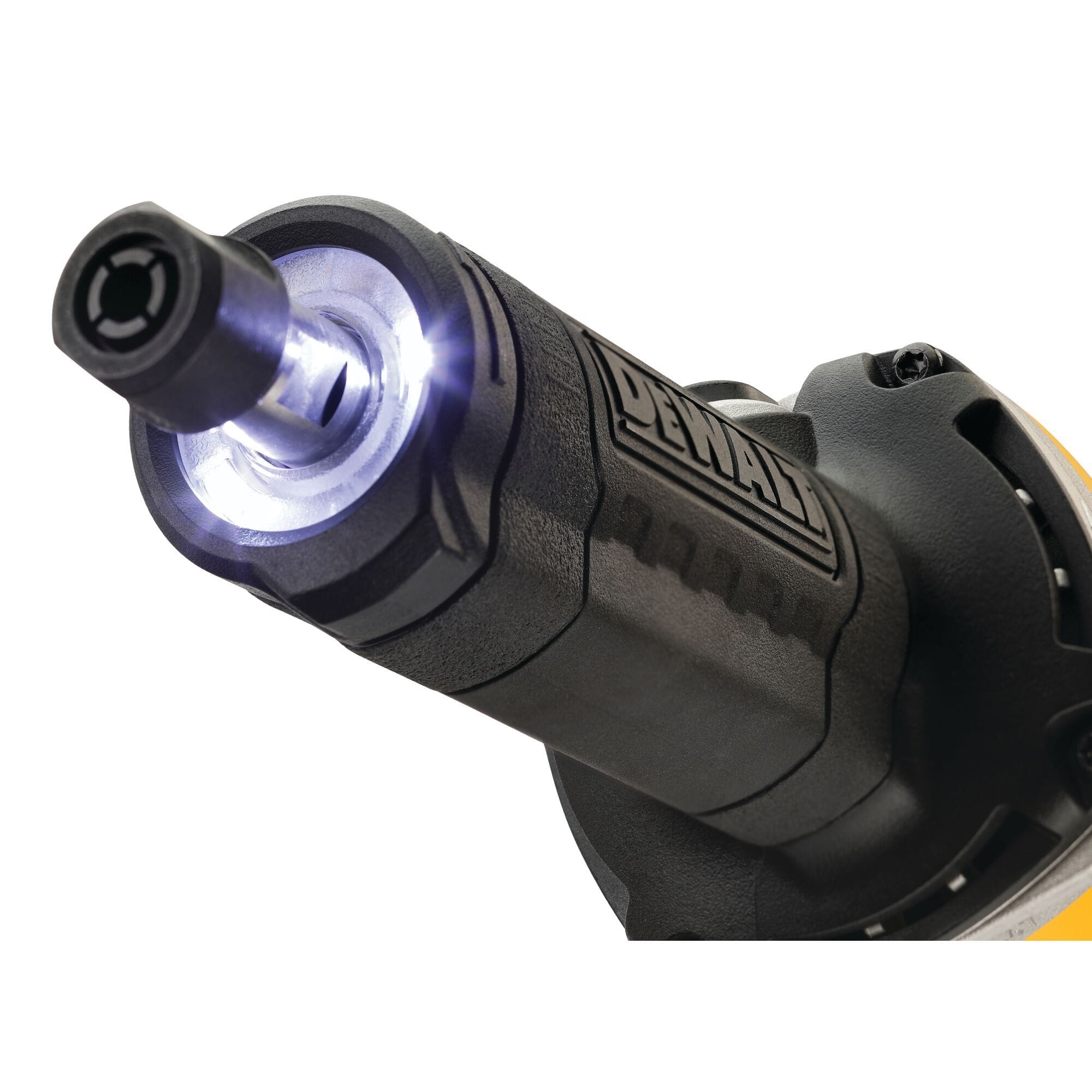 Macro front-angle view of the DEWALT DWE4997VS die grinder spindle nose highlighting the precision 1/4 inch mechanical collet illuminated by bright integrated white LED workspace lights