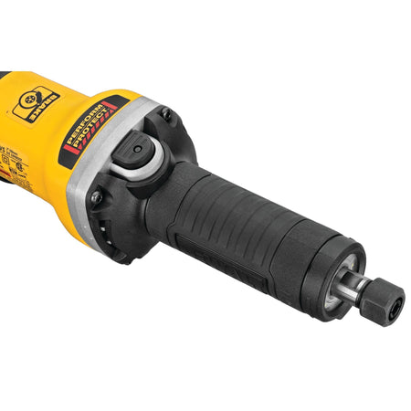 Close-up overhead perspective of the front metal gear housing and black textured grip handle adapter on the DEWALT DWE4997VS handheld power tool showing the spindle lock button interface
