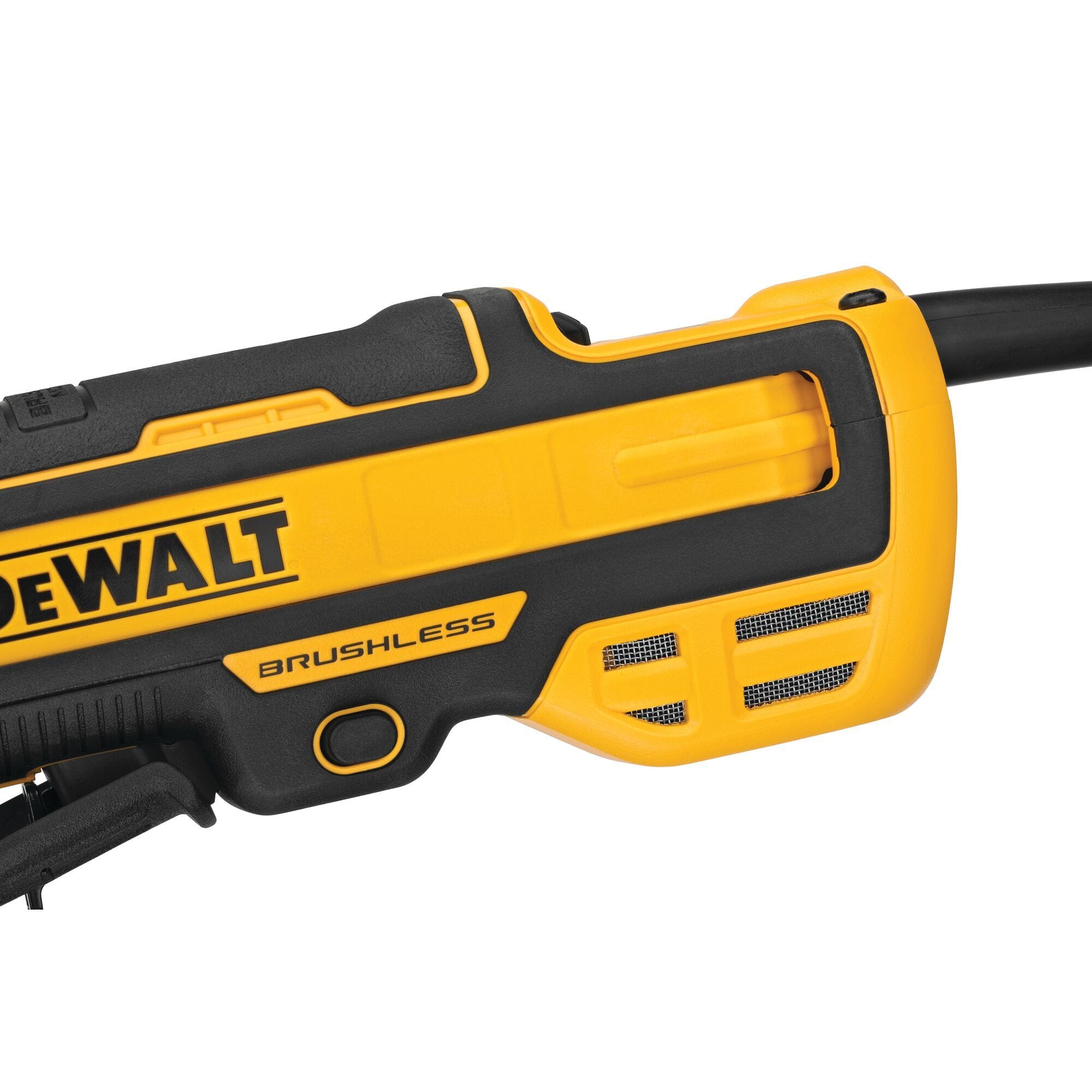 Macro detail view of the black composite center section on the DEWALT DWE4997VS motor casing highlighting the molded brushless label above the protective metallic grid intake vents