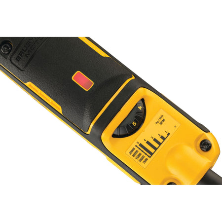 Close-up view of the electronic status indicator window on the DEWALT DWE4997VS die grinder motor housing illuminated with a bright solid red warning light configuration
