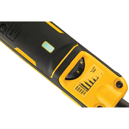 Close-up view of the electronic status indicator window on the DEWALT DWE4997VS die grinder housing illuminated with a bright solid green functional indicator light configuration