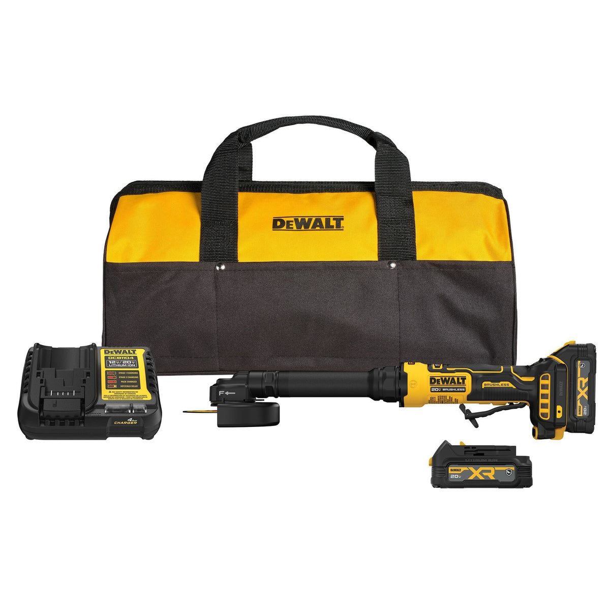 Complete kit layout of the DEWALT ATOMIC DCG432XGE2 20V MAX 4 inch extended cut-off tool featuring the cordless metalworking tool, two XR compact batteries, battery charger, and a yellow contractor bag for jobsite transport.