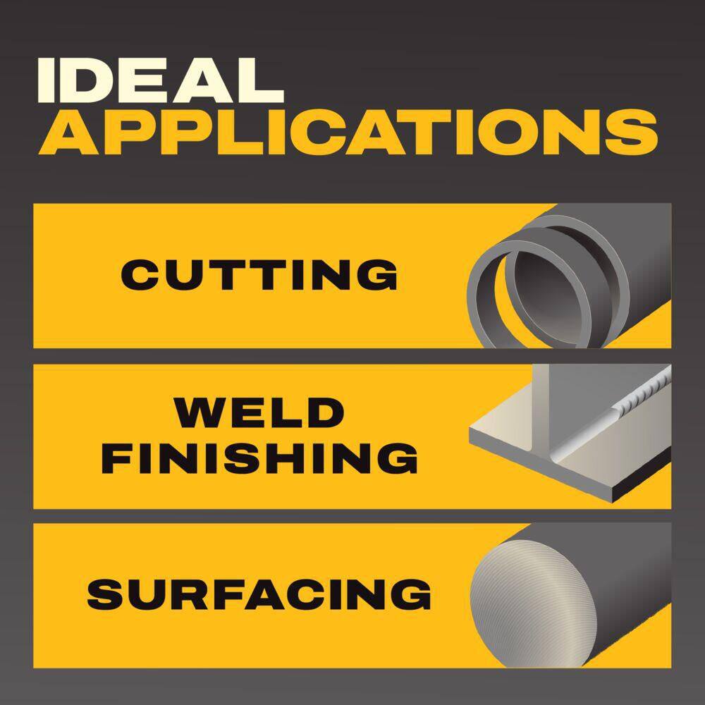 Application guide graphic for the DEWALT 20V MAX extended cut-off tool listing its primary industrial uses, which include precision metal cutting, weld finishing, and surfacing operations.
