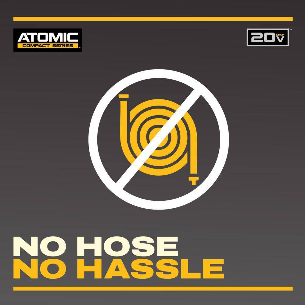Graphic for the DEWALT ATOMIC Compact Series featuring a crossed-out yellow air hose icon and the text no hose no hassle, emphasizing the cordless freedom of the 20V MAX 4 inch extended cut-off tool.