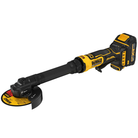 Angled side profile of the DEWALT 20V MAX 4 inch extended cut-off tool DCG432XGE2 equipped with a cutting wheel and battery, highlighting the elongated neck designed for narrow space metalworking access.