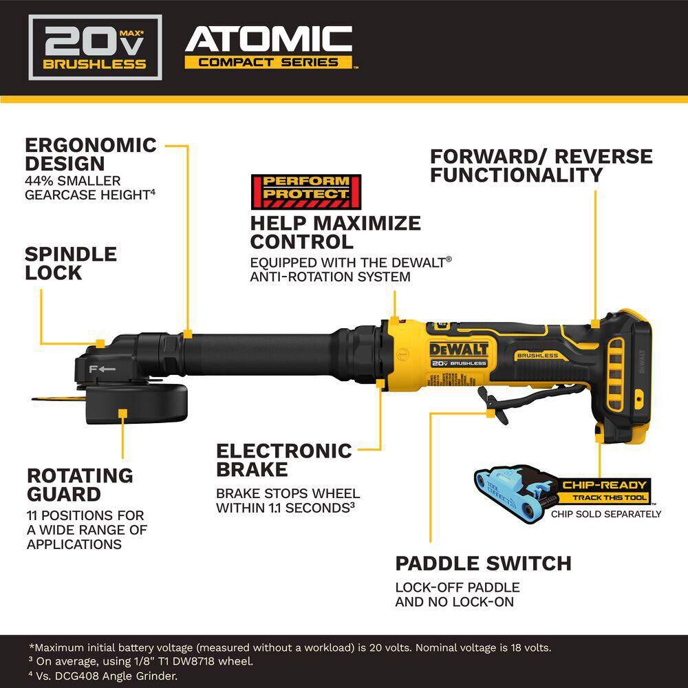 Technical specification diagram for the DEWALT ATOMIC DCG432XGE2 cordless cut-off tool detailing the electronic brake, anti-rotation system, 11-position rotating guard, forward and reverse functionality, and lock-off paddle switch.