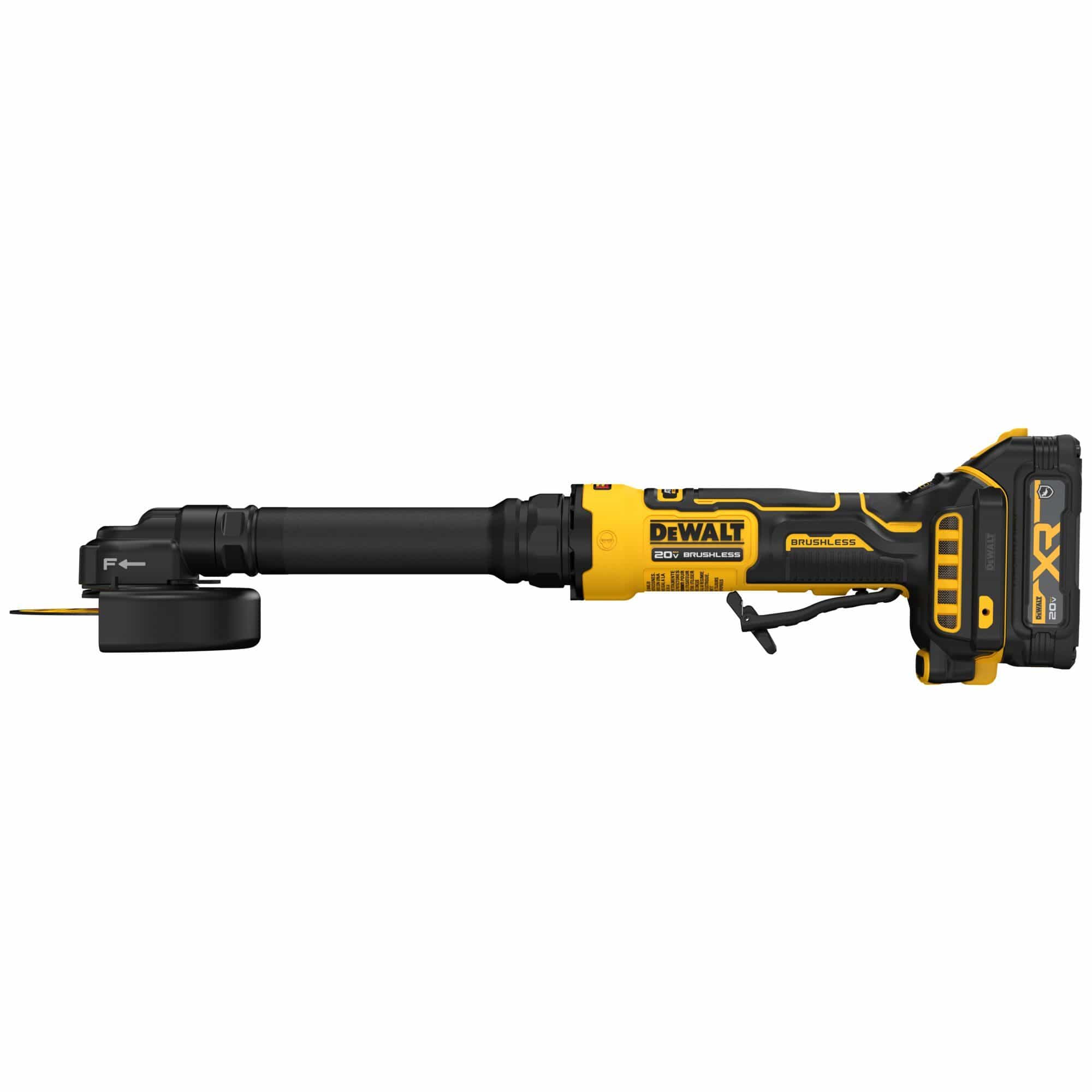 Straight side profile of the DEWALT brushless 4 inch extended cut-off tool with an attached 20V MAX XR battery and cutting wheel, emphasizing the slim gearcase engineered for restricted space access.