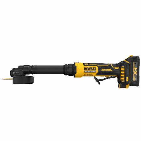 Straight side profile of the DEWALT brushless 4 inch extended cut-off tool with an attached 20V MAX XR battery and cutting wheel, emphasizing the slim gearcase engineered for restricted space access.