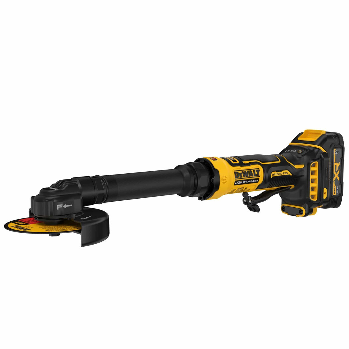 Left side angled perspective of the DEWALT 20V MAX extended cut-off tool DCG432XGE2 showing the ergonomic grip, lock-off paddle switch, and forward reverse directional control switch on the brushless motor housing.