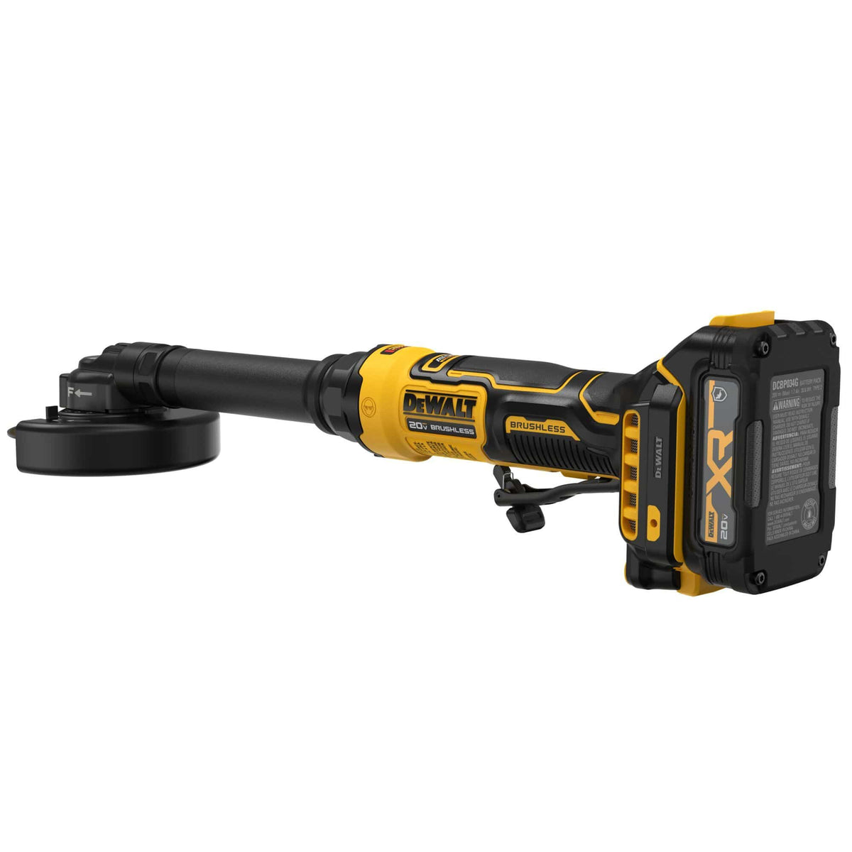 Bottom angle profile of the DEWALT ATOMIC 20V MAX extended cut-off tool highlighting the integrated paddle switch mechanism, battery mounting system, and safety warning labels along the tool body.