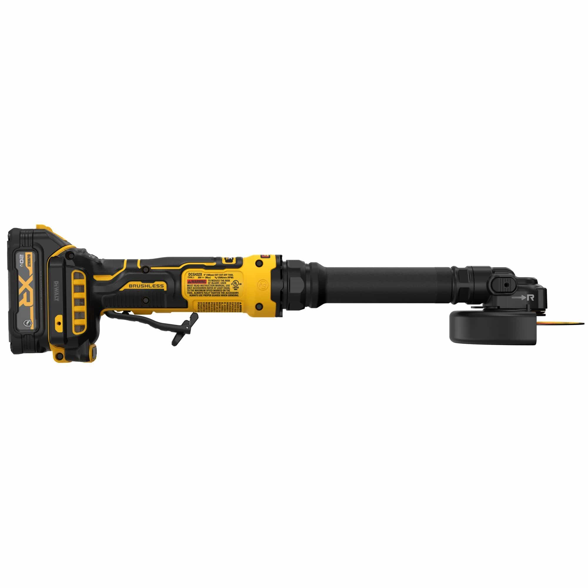 Top down view of the DEWALT DCG432XGE2 4 inch cordless cut-off tool displaying the safety specification labels along the extended neck and the compact brushless motor housing.