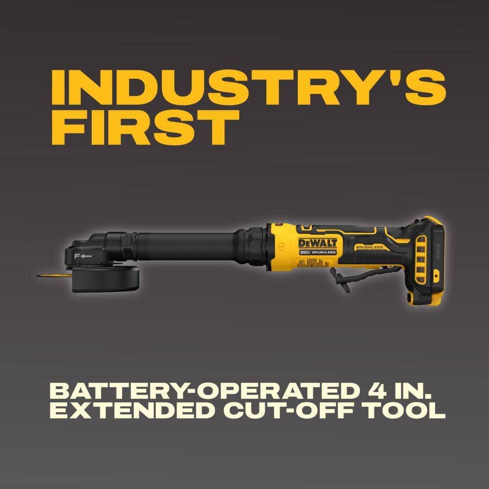 Marketing display for the DEWALT DCG432XGE2 featuring the tool in profile with text designating it as the industry's first battery-operated 4 inch extended cut-off tool.