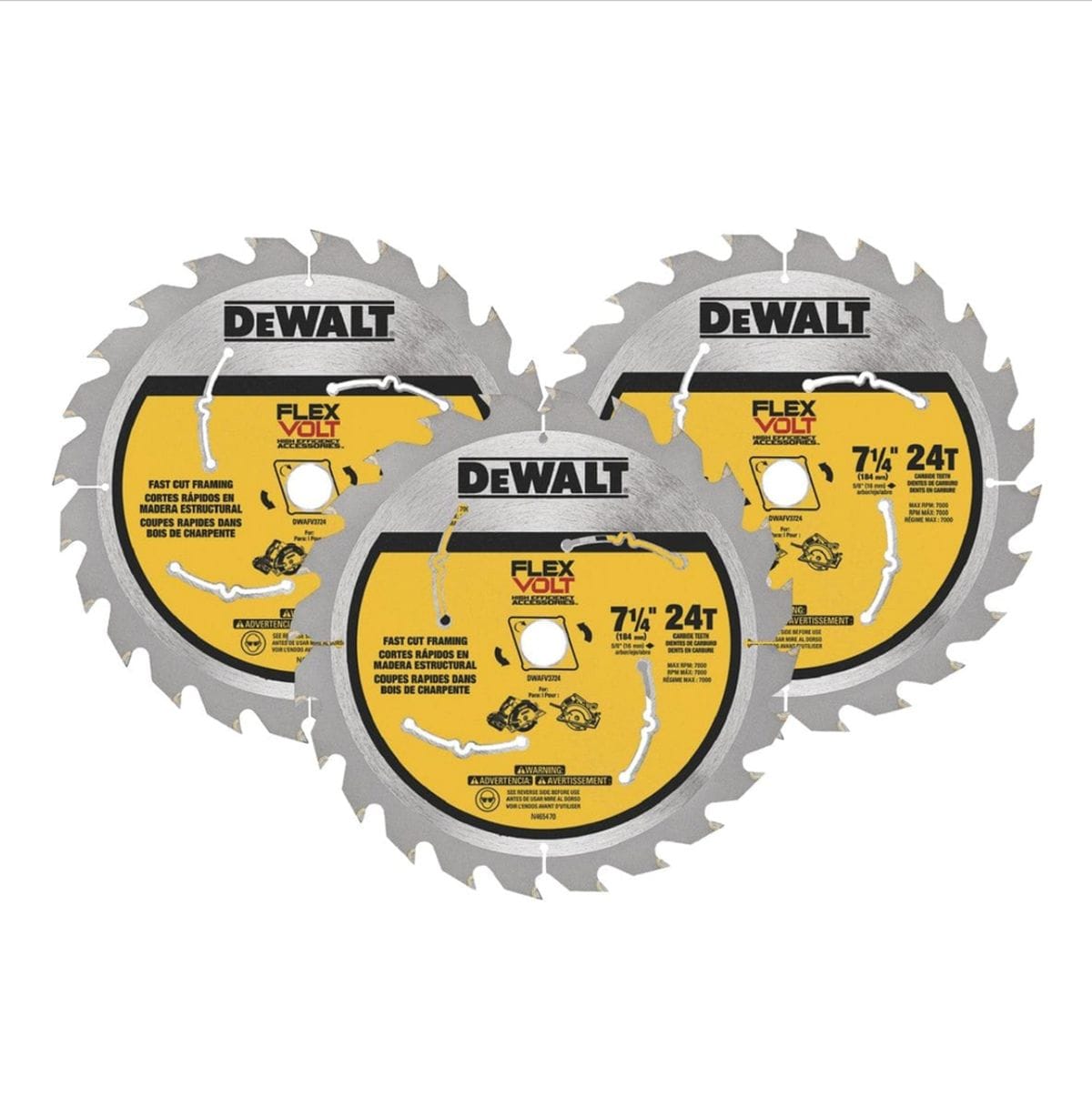Three DEWALT FLEXVOLT 7-1/4 inch circular saw blades with 24 carbide teeth arranged in a fan layout, showing multilingual labeling and fast cut framing specifications