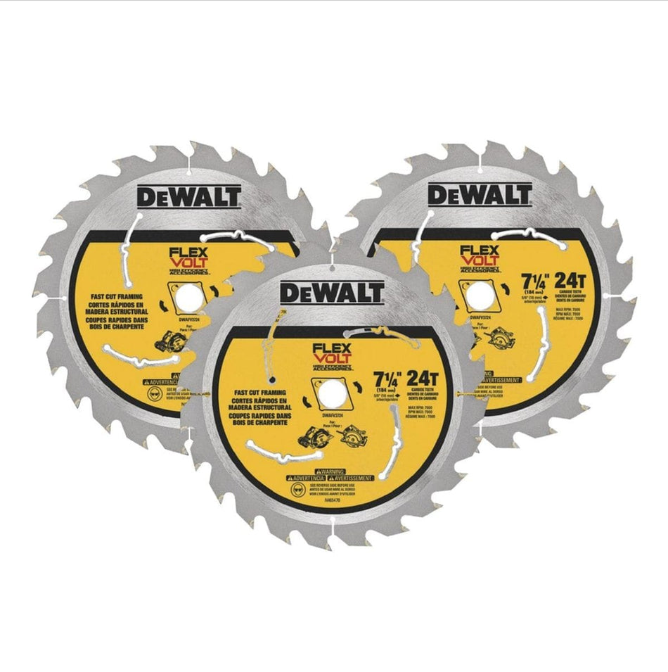 Three DEWALT FLEXVOLT 7-1/4 inch circular saw blades with 24 carbide teeth arranged in a fan layout, showing multilingual labeling and fast cut framing specifications