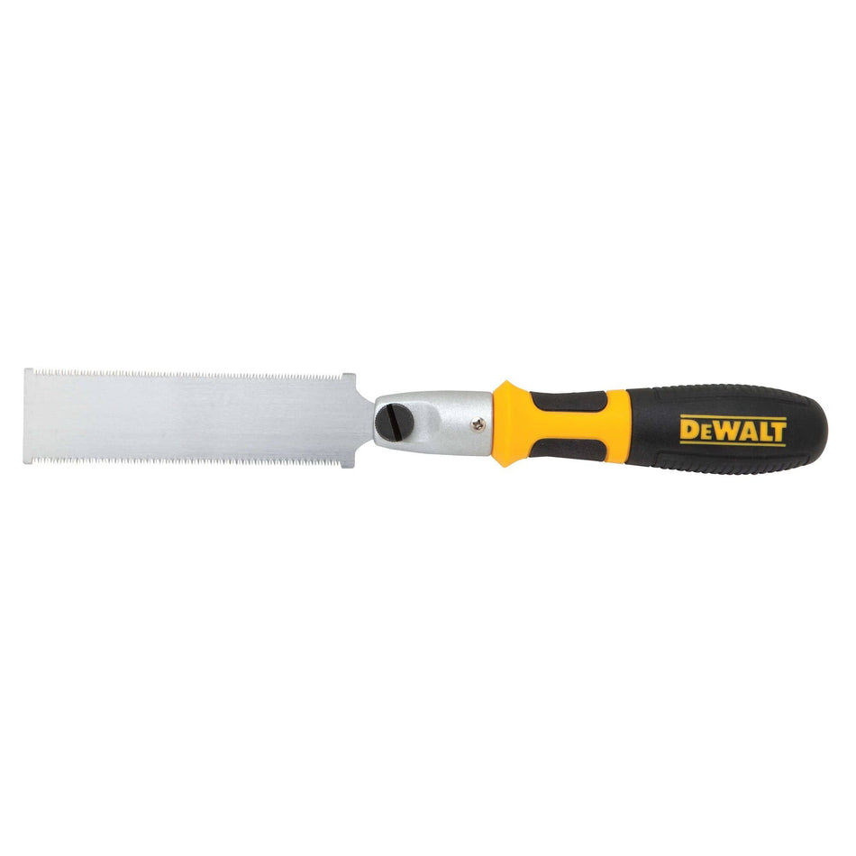 Full side profile of the DEWALT DWHT20541 flush cut pull saw featuring a flexible double-sided steel blade with fine finish teeth and an ergonomic yellow and black bi-material handle.