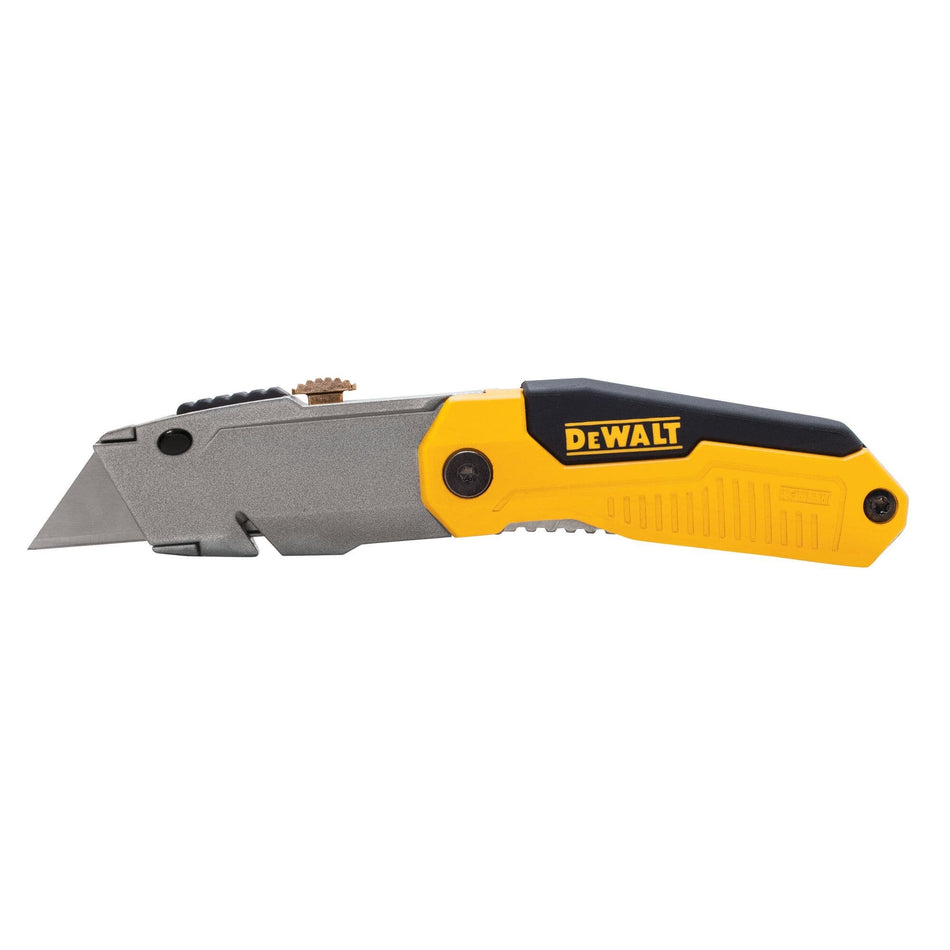 Side profile view of the DEWALT heavy duty folding retractable utility knife featuring a gray metal body and a yellow and black ergonomic handle with an integrated thumb stud.