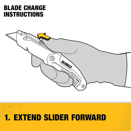 Instructional graphic for the DEWALT DWHT10035L utility knife showing step one of the blade change process by extending the black slider forward to the fully exposed position.