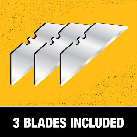 Graphic illustration showing the three included heavy duty replacement steel utility blades that can be stored within the handle of the DEWALT folding utility knife.