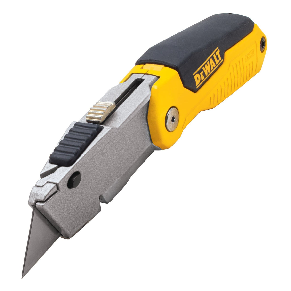 Angled view of the DEWALT DWHT10035L utility knife highlighting the retractable blade slider, quick change button, and the rugged metal body construction for professional use.