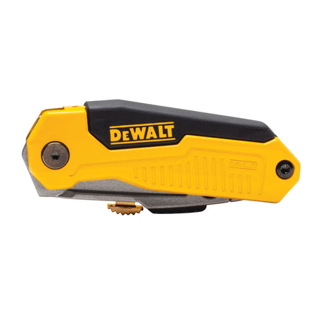 Compact view of the DEWALT DWHT10035L utility knife in its fully folded position demonstrating the space-saving design and safe storage of the retractable blade.