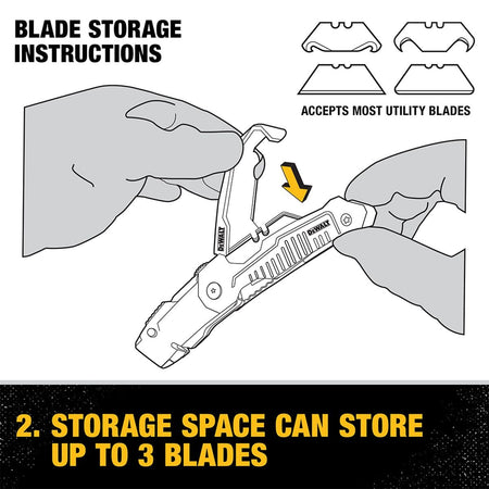 Technical illustration of the DEWALT utility knife blade storage compartment which accepts most standard utility blades and provides on-board storage for up to 3 spare blades.