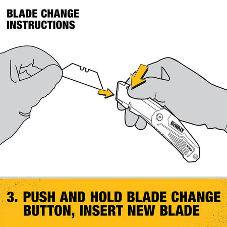 Blade change instruction graphic for the DEWALT DWHT10035L showing step three where the user pushes and holds the change button while inserting a new sharp utility blade.