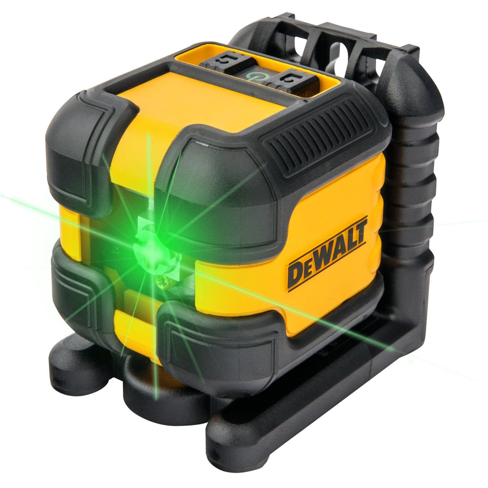 Three-quarter view of the DEWALT DW08802CG self-leveling laser level projecting a high-visibility green cross line beam with a rugged over-molded housing for jobsite protection.
