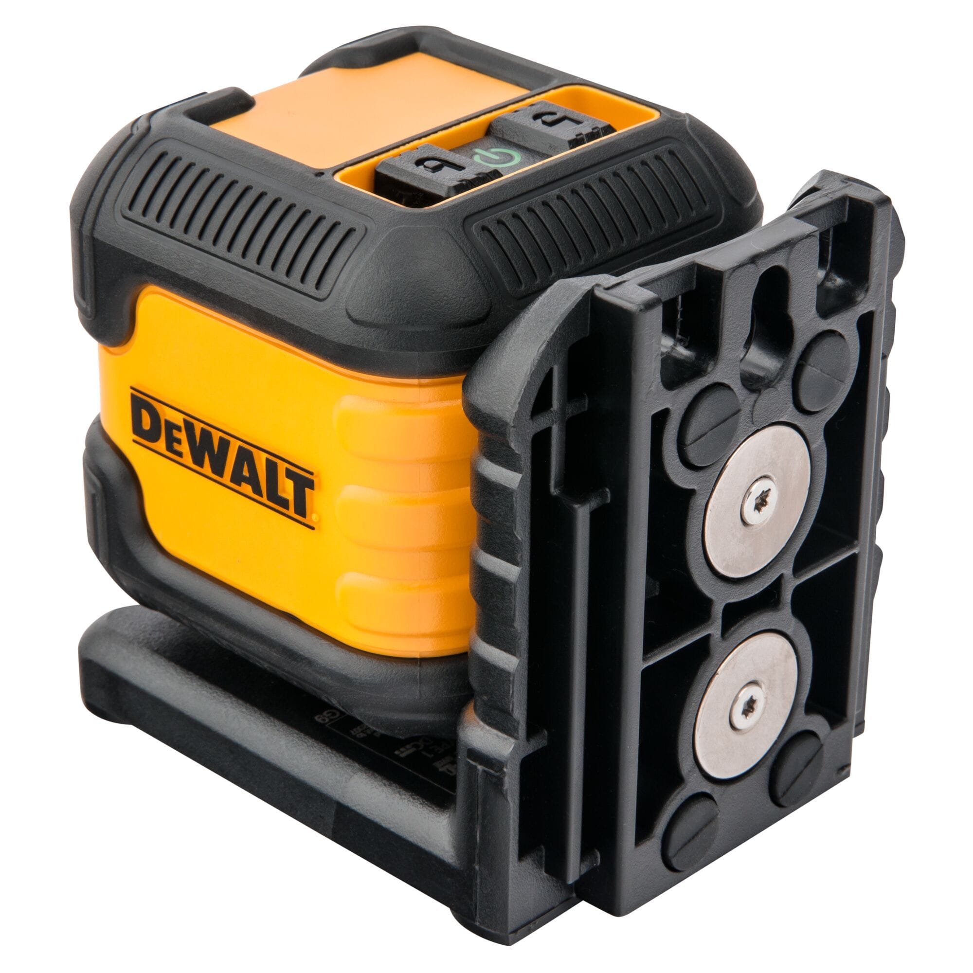 Rear view of the DEWALT green cross line laser level showcasing the integrated magnetic pivot bracket with two large circular magnets for secure mounting to metal surfaces.