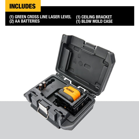 DEWALT DW08802CG green cross line laser level kit contents displayed inside an open black blow mold case including the laser level, two AA batteries, and a ceiling bracket.