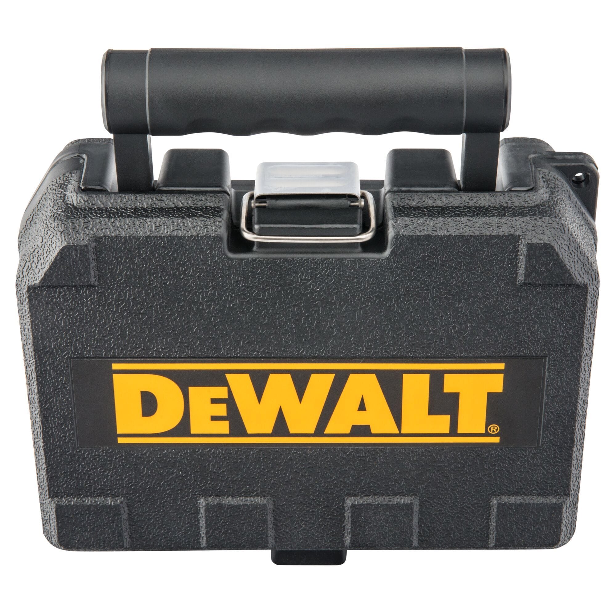 Closed heavy-duty black blow mold carrying case for the DEWALT laser level featuring a large yellow DEWALT logo and a sturdy integrated handle for safe jobsite transport.