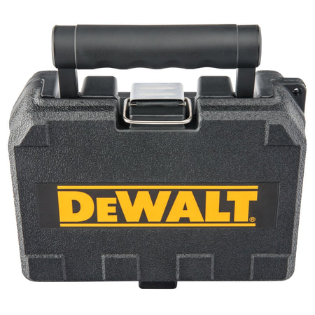 Closed heavy-duty black blow mold carrying case for the DEWALT laser level featuring a large yellow DEWALT logo and a sturdy integrated handle for safe jobsite transport.